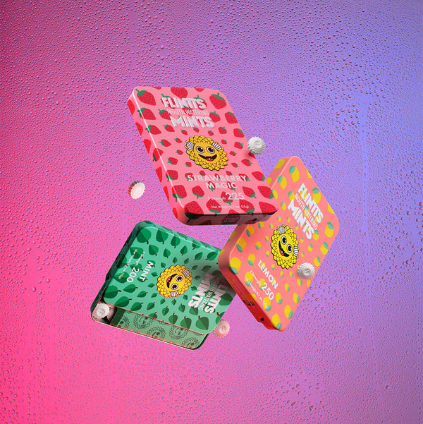 Three Flintts Mints tins — Mint, Lemon, and Strawberry Magic — shown mid-air on a colorful gradient background for the After Party Pack.