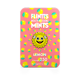Flintts Lemon Mints tin with pink background and lemon slice illustrations, F-Strength 250.