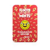 Flintts Cinnamon Ginger Mints tin with red background and ginger root illustrations, F-Strength 300.