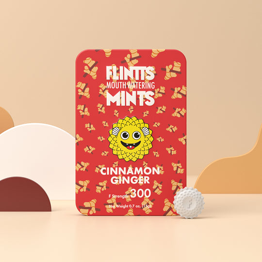 Flintts Cinnamon Ginger Mints tin with red background and ginger root pattern, F-Strength 300.