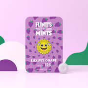 Flintts Luxury Grape Mints tin with purple background and grape illustrations, F-Strength 125.