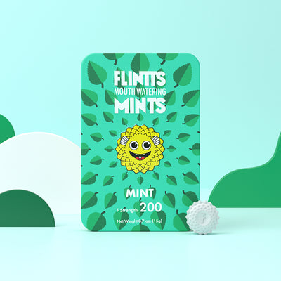 Flintts Mint Mints tin with a cool green background and leafy spearmint pattern, F-Strength 200.