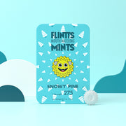 Flintts Snowy Pine Mints tin with icy blue background and pine tree pattern, F-Strength 275.
