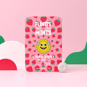 Flintts Strawberry Magic Mints tin with a pink background and strawberry illustrations, F-Strength 225.