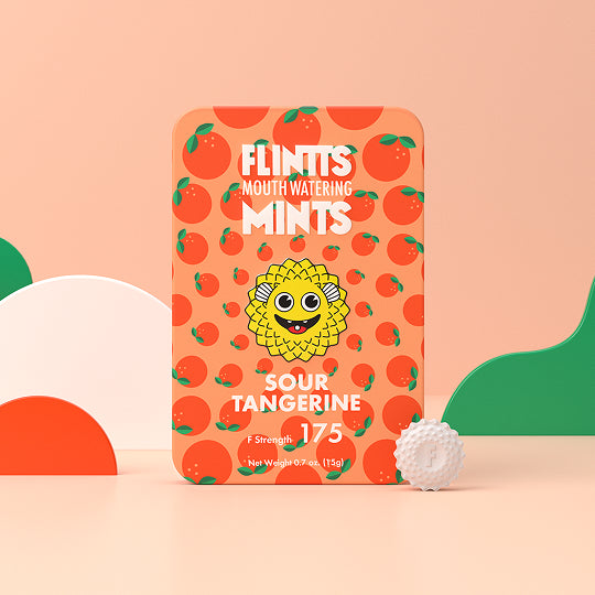 Flintts Sour Tangerine Mints tin with orange background and tangerine illustrations, F-Strength 175.