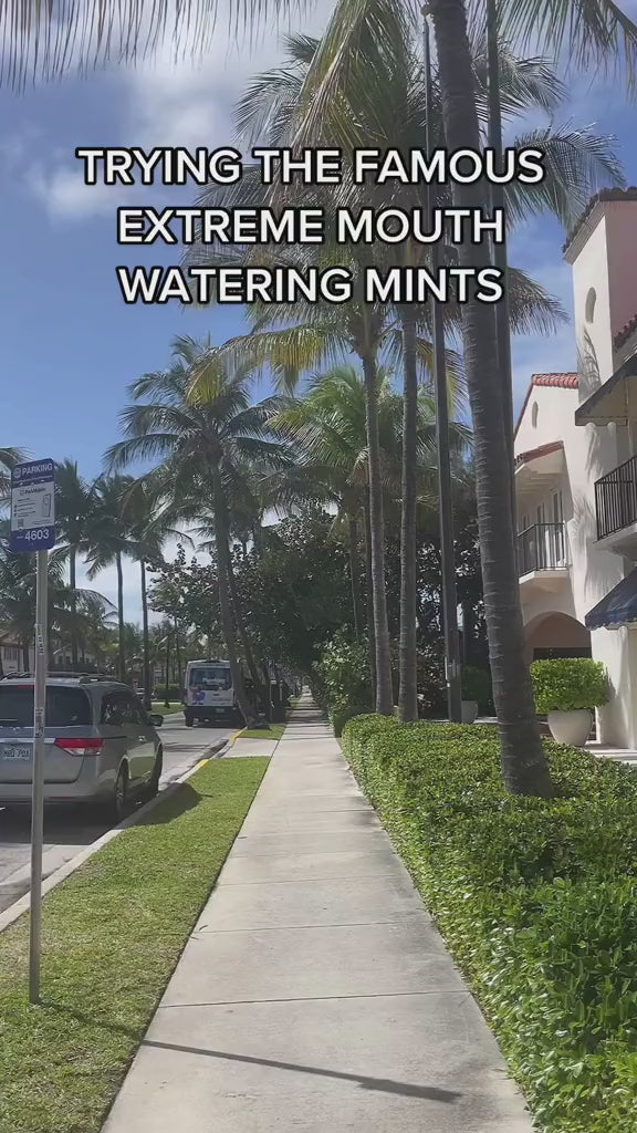Person outdoors reacting to trying Flintts Mints, with on-screen text reading “Trying the famous extreme mouth watering mints.”